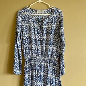 Walker & Wade Ibiza Dress Marine Blue Ruffle Hem Long Sleeve Size Small